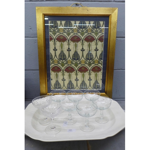 1063 - Two unmarked Spode plates - a meat dish and another, together with cut glass and a framed piece of A... 