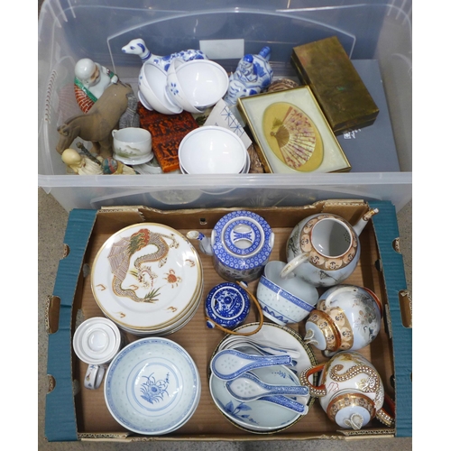 1075 - Two boxes of oriental china including part tea set, rice bowls, spoons, figures, Japan ceramic bowl ... 