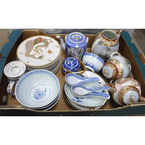 1075 - Two boxes of oriental china including part tea set, rice bowls, spoons, figures, Japan ceramic bowl ... 