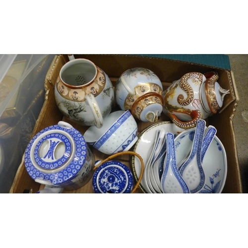 1075 - Two boxes of oriental china including part tea set, rice bowls, spoons, figures, Japan ceramic bowl ... 