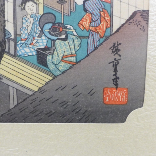 605 - A Japanese woodblock print, after Hiroshige, 53 stations #37, framed