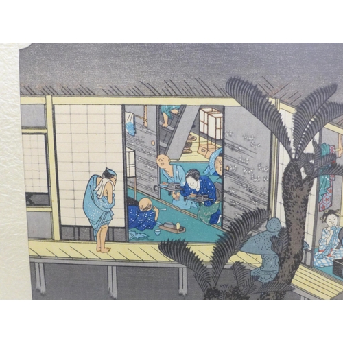 605 - A Japanese woodblock print, after Hiroshige, 53 stations #37, framed