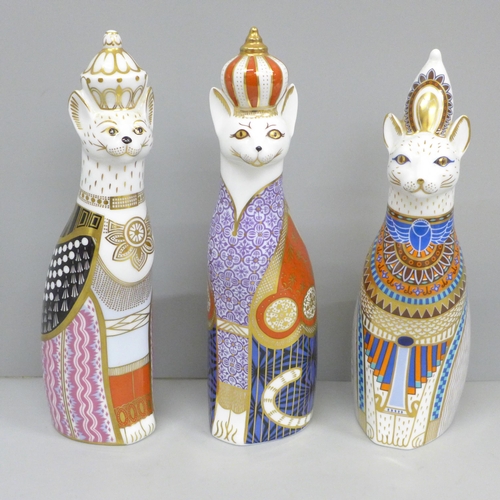 606 - Three Royal Crown Derby Royal Cats paperweights, seconds, tallest 23cm