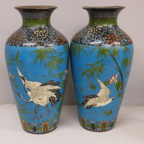 609 - Two pairs of cloisonné vases decorated with herons, other birds, flowers and foliage, tallest 21cm, ... 