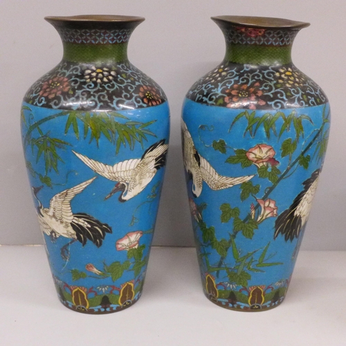 609 - Two pairs of cloisonné vases decorated with herons, other birds, flowers and foliage, tallest 21cm, ... 