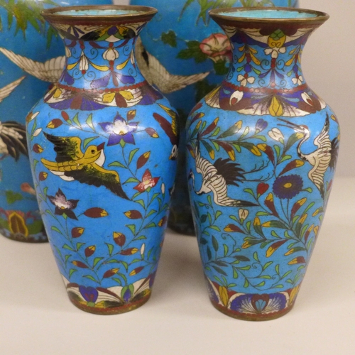 609 - Two pairs of cloisonné vases decorated with herons, other birds, flowers and foliage, tallest 21cm, ... 