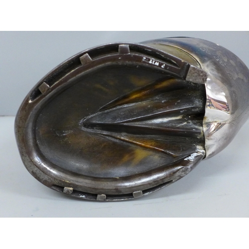 638 - A silver plate mounted horses hoof with presentation plaque, 1878