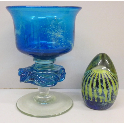 648 - A Mdina glass paperweight and a Mdina goblet shaped vase, 19cm