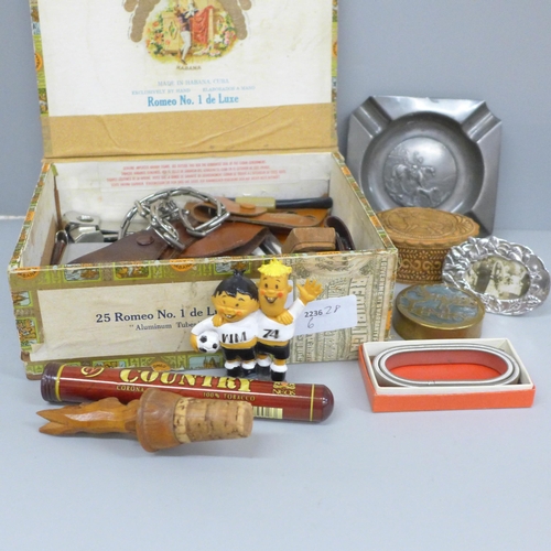 649 - Assorted items including bottle opener, wine stopper, tins, pen knives, cigar cutter, etc.