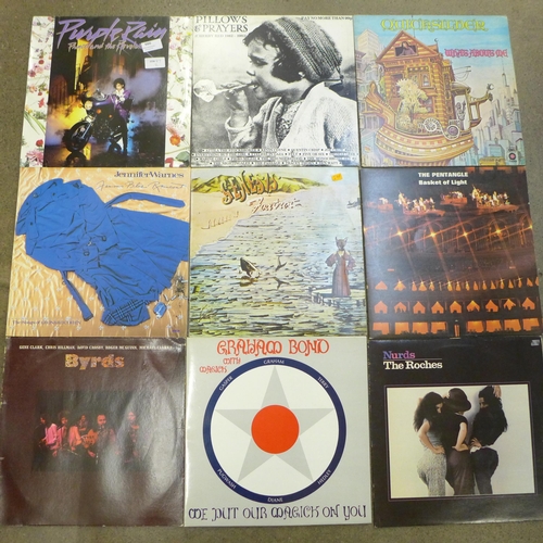 660 - Ten LP records, Genesis, Pentangle, Byrds, The Roches, Graham Bond, Quicksilver, Prince, etc.