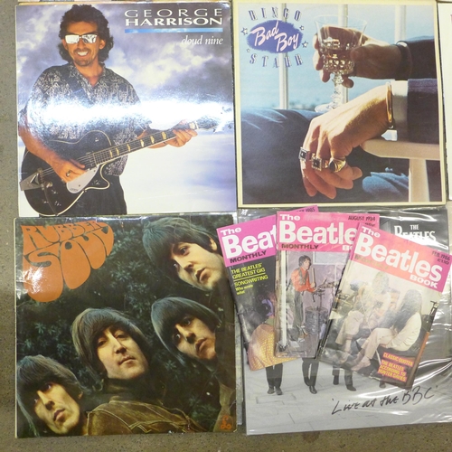 663 - Twelve The Beatles and solo LP records and three The Beatles 1980s monthly magazines