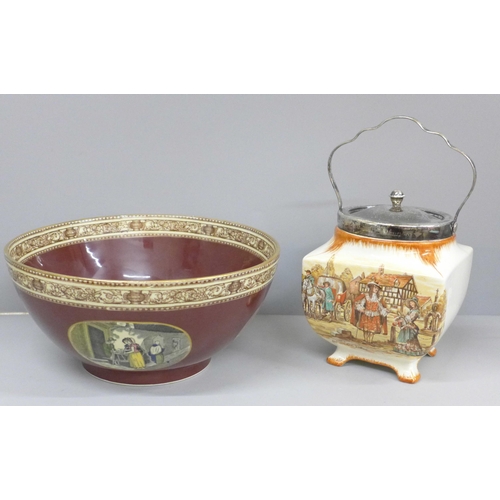 671 - A Sandland Ware biscuit barrel and an Adams Cries of London fruit bowl, scratched