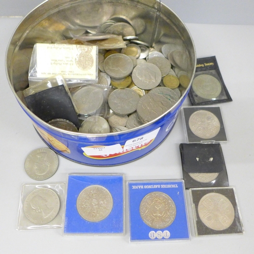 678 - A tin of commemorative crowns and other coins