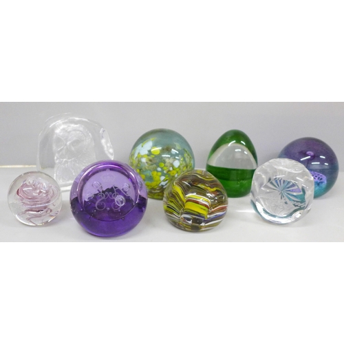 679 - Eight glass paperweights including three Caithness and one Mdina