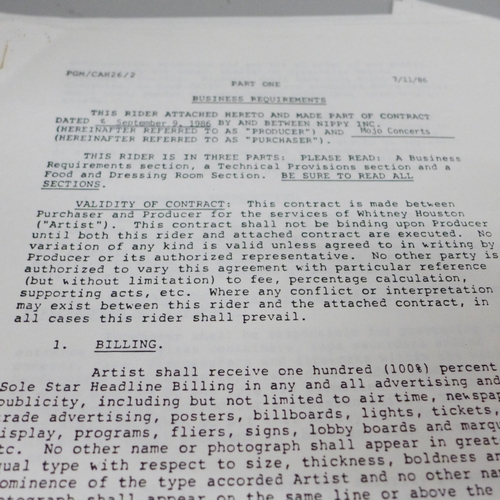 690 - Whitney Houston contract and concert paperwork with stage plans, menus, tour information, etc.