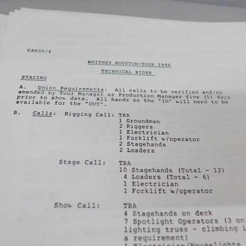 690 - Whitney Houston contract and concert paperwork with stage plans, menus, tour information, etc.