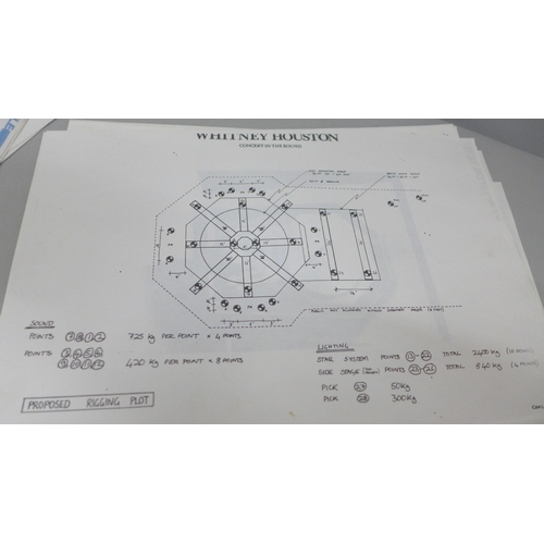 690 - Whitney Houston contract and concert paperwork with stage plans, menus, tour information, etc.