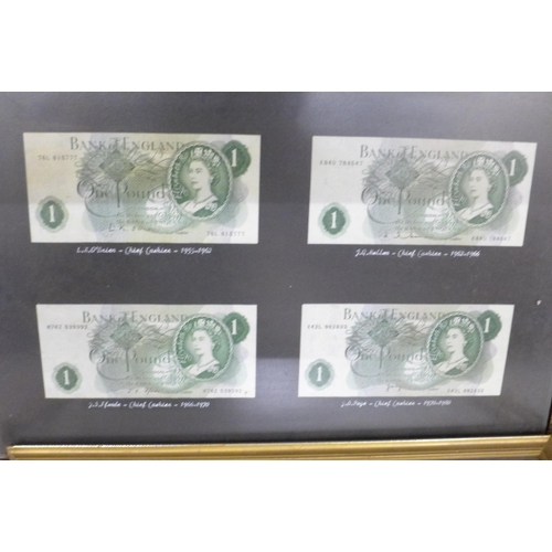 704 - Sixteen banknotes, £1 and 10 shillings, framed and mounted, Chief Cashiers include B G Catterns, K O... 