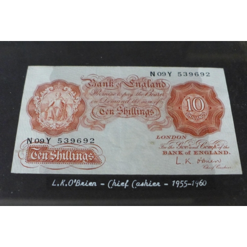 704 - Sixteen banknotes, £1 and 10 shillings, framed and mounted, Chief Cashiers include B G Catterns, K O... 