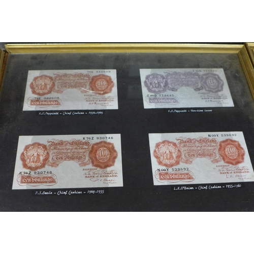 704 - Sixteen banknotes, £1 and 10 shillings, framed and mounted, Chief Cashiers include B G Catterns, K O... 