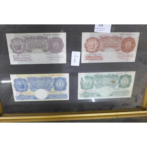 704 - Sixteen banknotes, £1 and 10 shillings, framed and mounted, Chief Cashiers include B G Catterns, K O... 