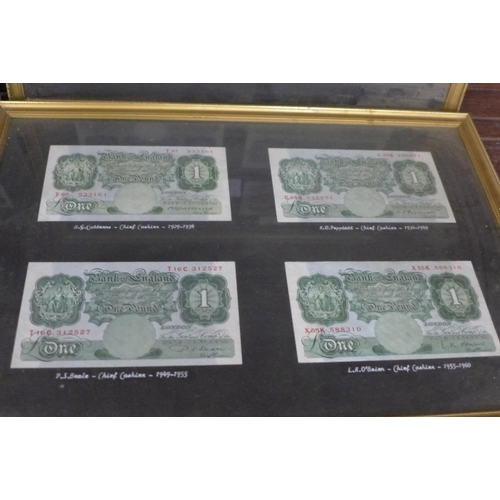 704 - Sixteen banknotes, £1 and 10 shillings, framed and mounted, Chief Cashiers include B G Catterns, K O... 