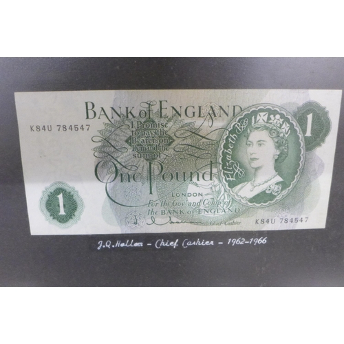 704 - Sixteen banknotes, £1 and 10 shillings, framed and mounted, Chief Cashiers include B G Catterns, K O... 