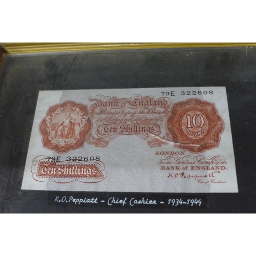 704 - Sixteen banknotes, £1 and 10 shillings, framed and mounted, Chief Cashiers include B G Catterns, K O... 