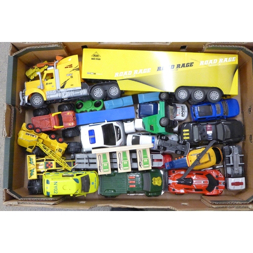 715 - Two boxes of model vehicles including cars, helicopters and lorries