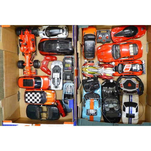 734 - Two boxes of model vehicles, Burago, Welly, Beanstalk Group and remote control cars