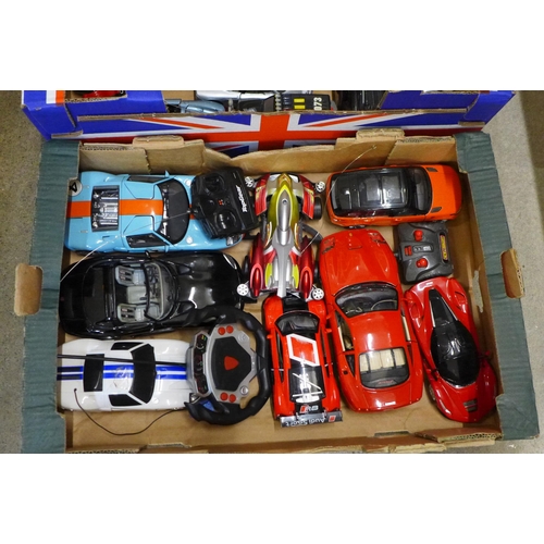 734 - Two boxes of model vehicles, Burago, Welly, Beanstalk Group and remote control cars