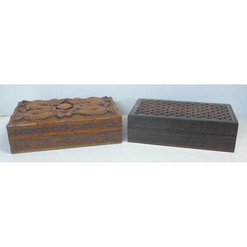 741 - A Japanese cricket box and another carved wooden Chinese box depicting dragons