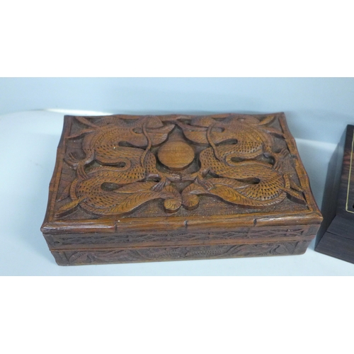 741 - A Japanese cricket box and another carved wooden Chinese box depicting dragons