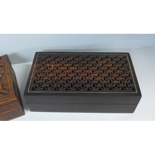 741 - A Japanese cricket box and another carved wooden Chinese box depicting dragons