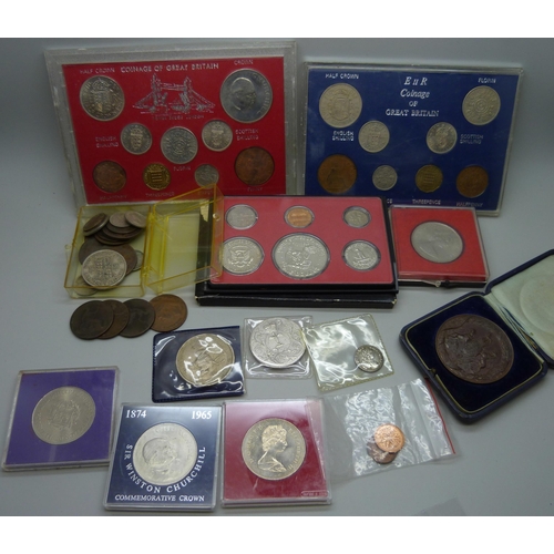 894 - US proof coin set, 1973, GB coin sets, crowns, other coins, a medallion, cased, and a replica 1752 c... 