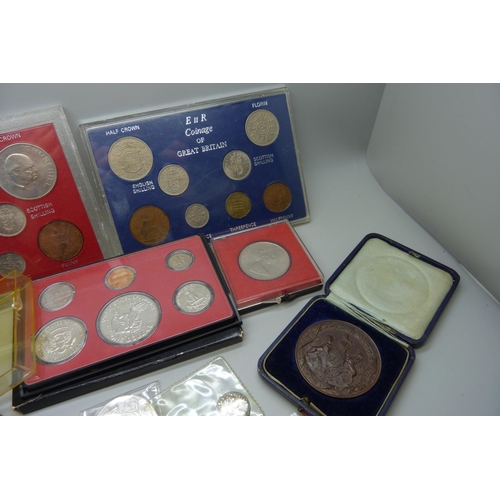 894 - US proof coin set, 1973, GB coin sets, crowns, other coins, a medallion, cased, and a replica 1752 c... 