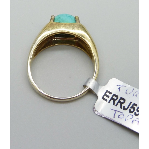 907 - A silver gilt turquoise and topaz ring, W