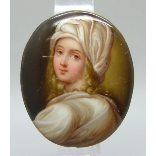 908 - A 19th Century porcelain portrait plaque of Beatrice Cenci, (1577-1599), no markings, 5cm x 4cm