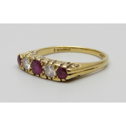 912 - An 18ct gold ruby and diamond ring, 3.5g, N