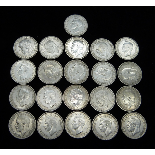 914 - Twenty-one pre-1947 one shilling coins, 118g