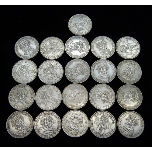 914 - Twenty-one pre-1947 one shilling coins, 118g