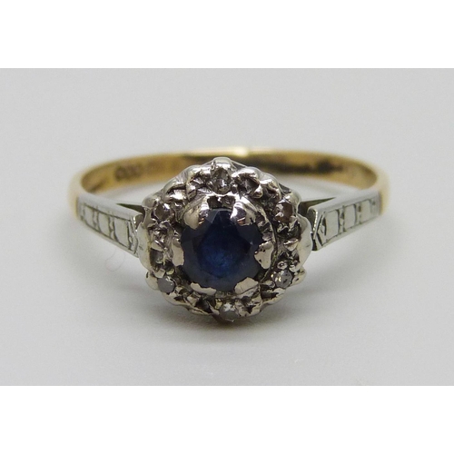 918 - An 18ct gold, diamond and sapphire ring, 2.5g, M