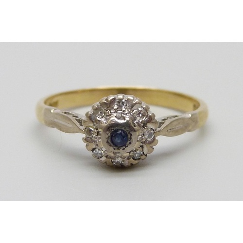 919 - An 18ct gold, diamond and sapphire ring, 2.8g, M