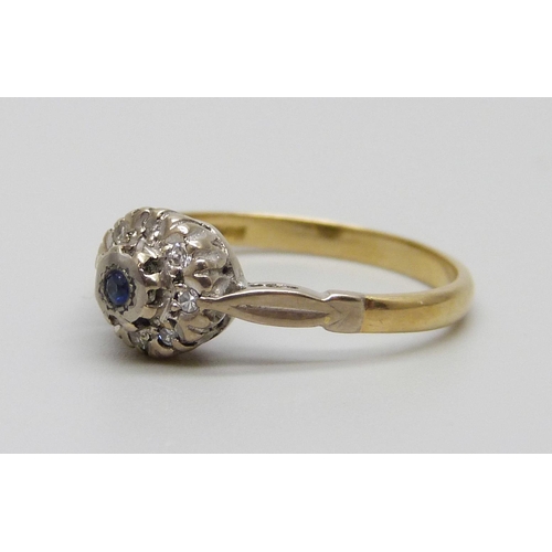 919 - An 18ct gold, diamond and sapphire ring, 2.8g, M