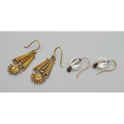 920 - A pair of Victorian 9ct gold drop earrings, 2.7g, and a pair of faceted crystal earrings with pink p... 