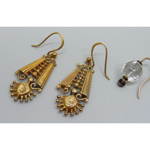 920 - A pair of Victorian 9ct gold drop earrings, 2.7g, and a pair of faceted crystal earrings with pink p... 