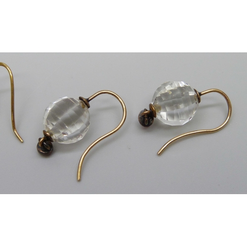 920 - A pair of Victorian 9ct gold drop earrings, 2.7g, and a pair of faceted crystal earrings with pink p... 