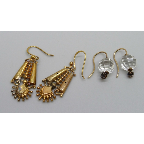 920 - A pair of Victorian 9ct gold drop earrings, 2.7g, and a pair of faceted crystal earrings with pink p... 