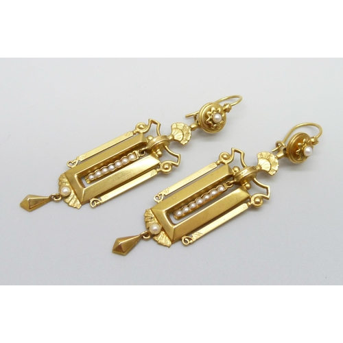 925 - A pair of Victorian Etruscan revival drop earrings set with seed pearls, 8g, 55mm