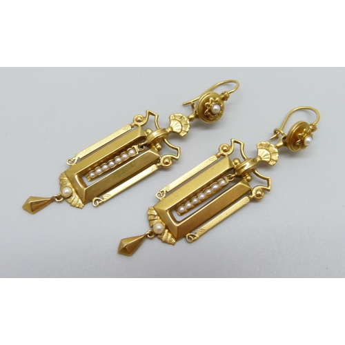 925 - A pair of Victorian Etruscan revival drop earrings set with seed pearls, 8g, 55mm